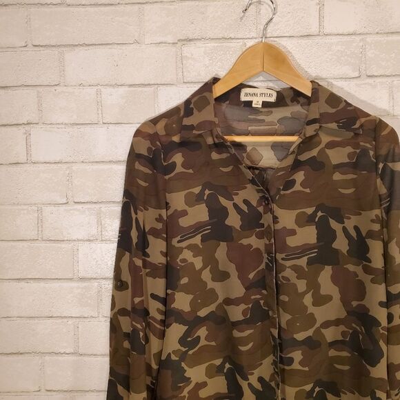 Zenana Styles full-button camo blouse - Picture 2 of 12